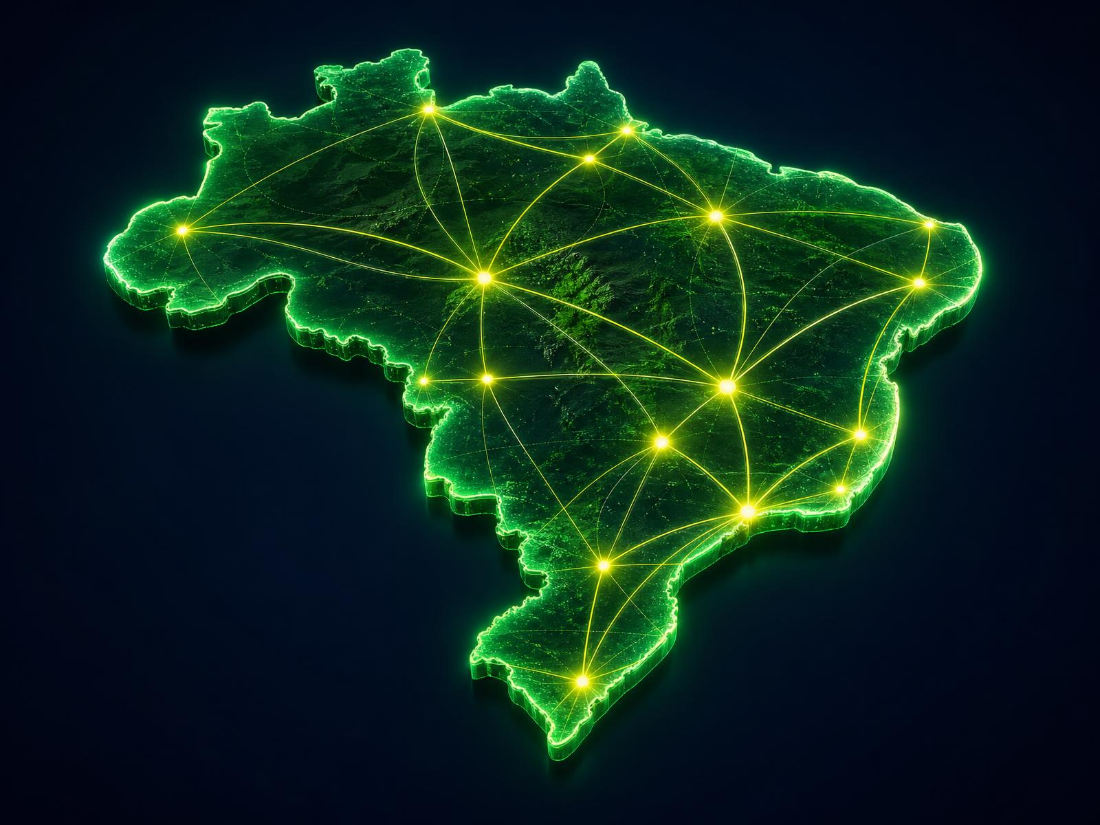 Visualização holográfica da rede de crédito PeerCred sobre o mapa do Brasil