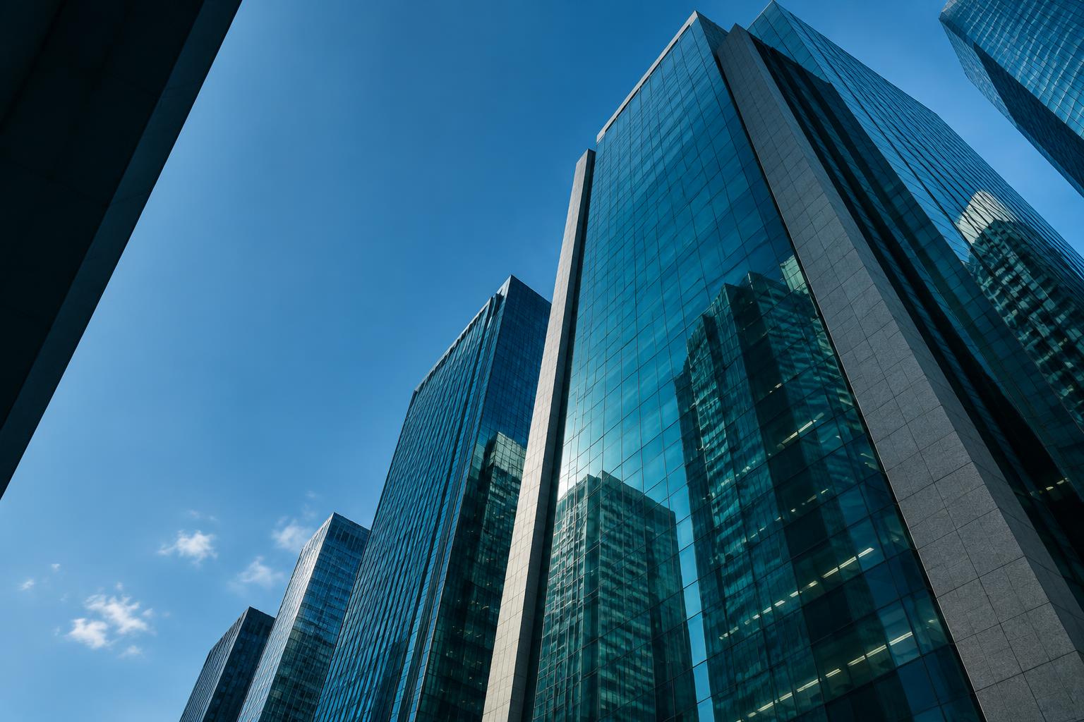 Arquitetura contemporânea de edifícios corporativos em vidro azul